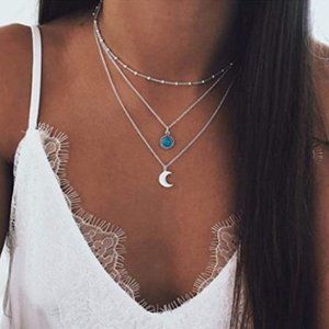 Moon Pendant Necklace Layering Turquoise Necklace